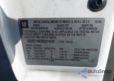 2006 Chevrolet Silverado 1500 Work Truck from USA, damaged, VIN 3GCEC14X36G274209